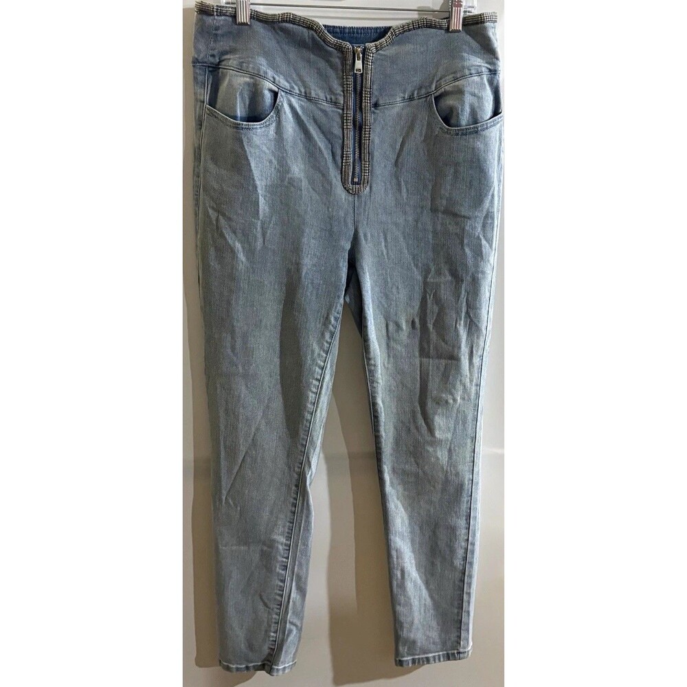 VENUS Women’s Blue Solid Denim Ankle Pants Flat Front Zip Closure, 14